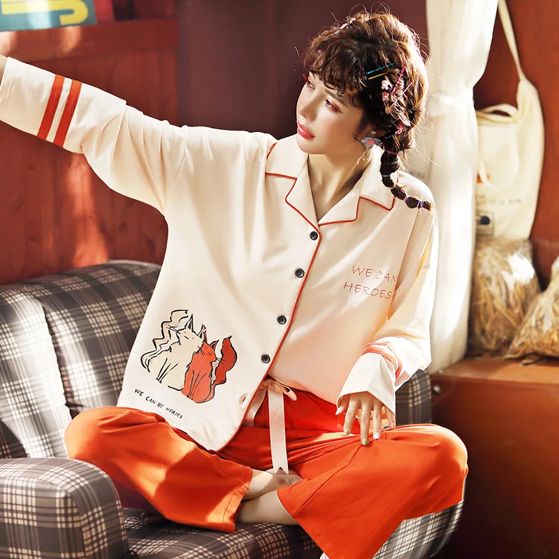 

Qt1920 # Lettered Emblem Cardigan JZ Long Sleeve Korean-style Sweet Pajamas Tracksuit Two-Piece Set
