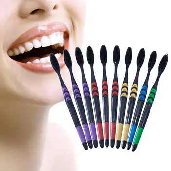 

10pcs Bamboo Charcoal Toothbrushfamily Hardcover Adult Soft Fur Bamboo Charcoal Toothbrush Oral Care For Adult