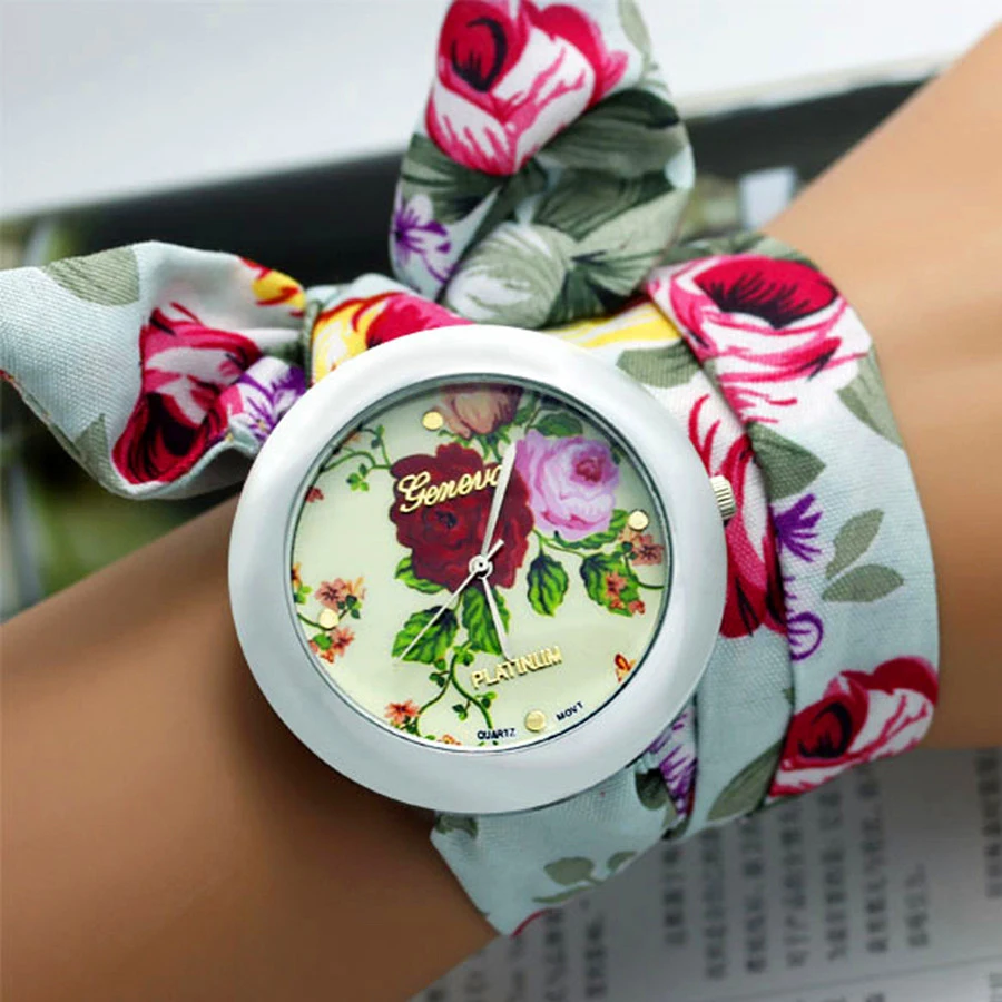 Women Watches Shsby Ladies Flower Cloth Wristwatch Fashion Women Dress Watch Fabric Watch Sweet Girls Bracelet