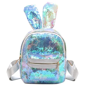 

Trend Sequins Cute Rabbit Ears Children's Bag Rotro Backpack Cute Printing Bag Schoolbag Hit Color Multi-Function Small Bag