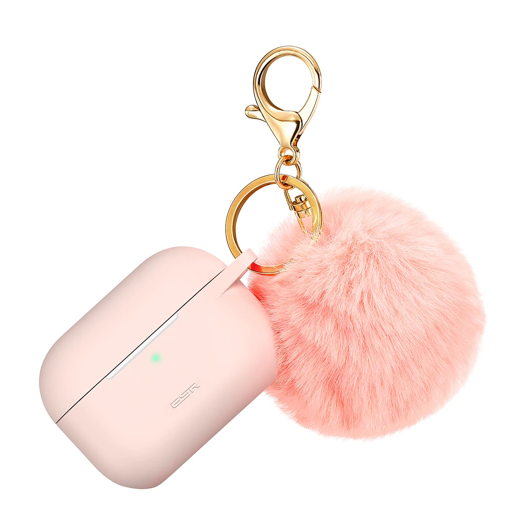 ESR защитный чехол для AirPods Pro Мягкий Тонкий силиконовый чехол с меховым помпоном брелок Видимый передний светодиодный чехол для AirPods Pro - Цвет: Pink