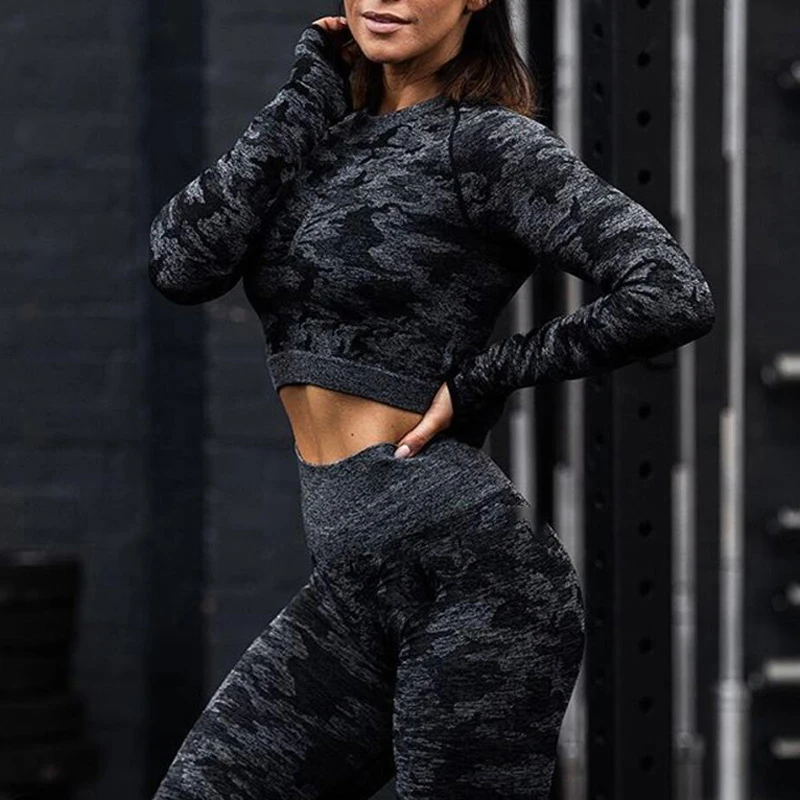 Новые женские камуфляжные бесшовные спортивные рубашки для йоги с длинными рукавами камуфляжные фитнес-топы для занятий спортом, бега, фитнеса, тренировки в тренажерном зале