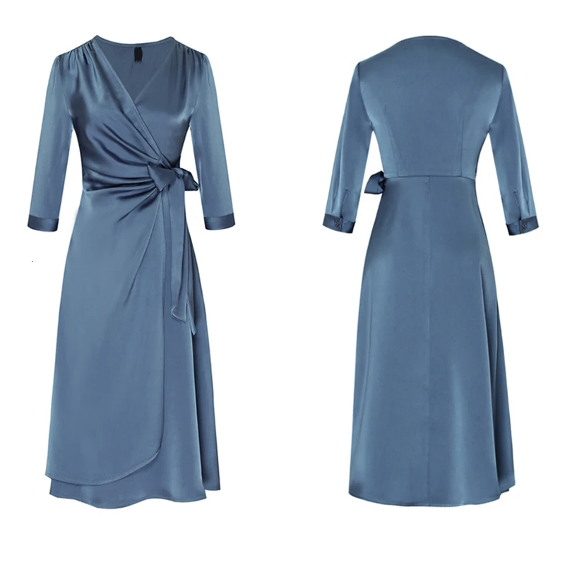 GALCAUR осеннее женское платье с v-образным вырезом, рукав три четверти, высокая талия, платья с рюшами, Женская мода, новая одежда - Цвет: blue