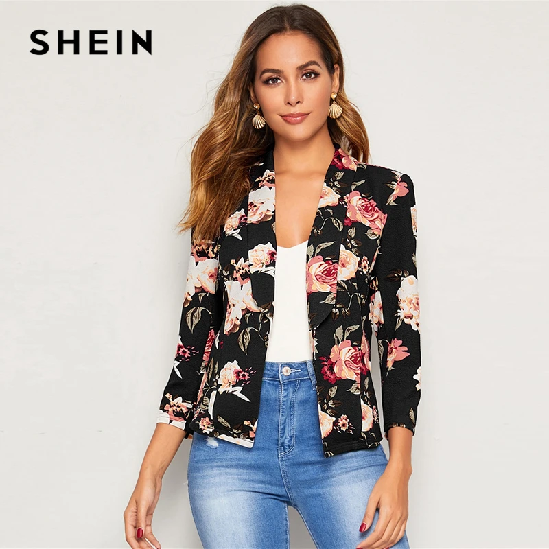SHEIN Цветочный Принт шаль воротник тонкий приталенный Блейзер для женщин Весна Осень офисные женские с длинным рукавом элегантный Блейзер