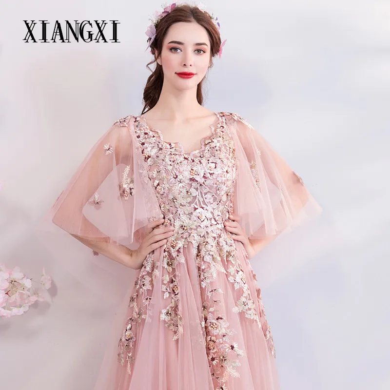 XIANGXI розовое вечернее платье трапециевидной формы без бретелек 3D цветок Формальные Вечерние платья Длинные платья vestido de festa abendkleider