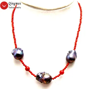 

Qingmos 14*25mm Baroque Natural Black Pearl Pendant Necklace for Women with 3-4mm Natural Red Coral Necklace Chokers Jewelry