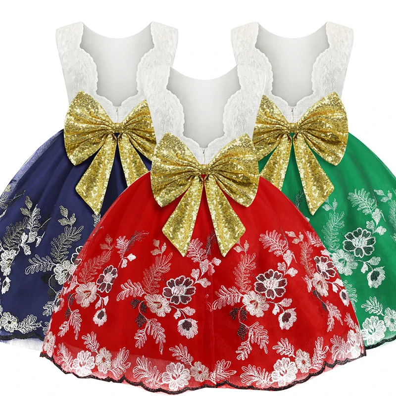 Рождественское платье для девочек с бантом и блестками; Детские платья для девочек; костюм; элегантное праздничное платье принцессы для дня рождения; одежда для детей