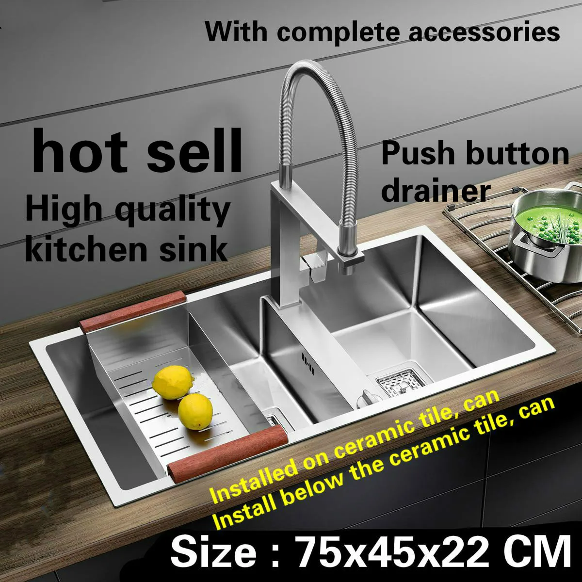 

Tangwu Deluxe kitchen sink manual double - groove 4 mm thick food grade 304 stainless steel button drainage durable 75x45x22 CM