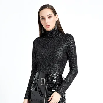 

2020 Spring Office Ladies Solid Slim Fit Sexy Tee Black with High Collar Base Shirt Women Autumn Long Sleeve Underwear Tops