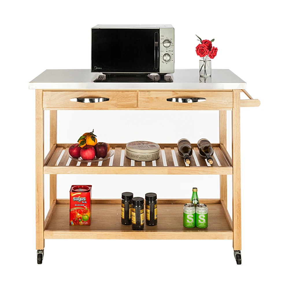  Moveable Kitchen Cart with Stainless Steel Table Top & Two Drawers & Two Shelves Burlywood - 4000155157675