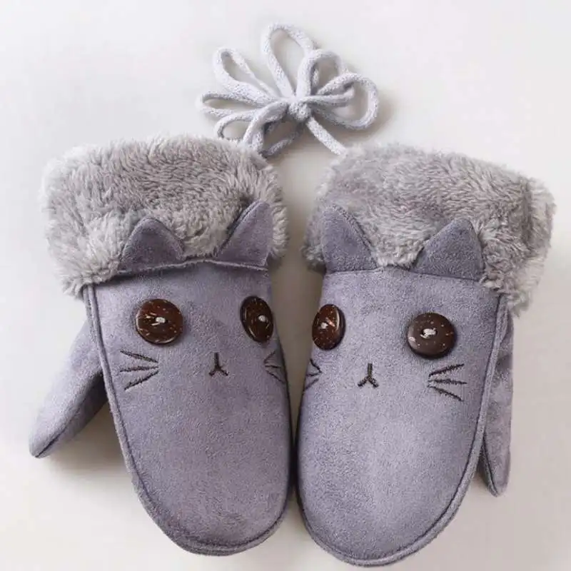 cat gray Милые теплые зимние перчатки с героями мультфильмов для детей, Мягкие Замшевые Кожаные митенки для пальцев кролика, повседневные уличные перчатки для девочек и мальчиков - Цвет: cat gray