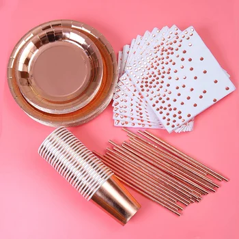 

HOT 146 Pieces Rose Gold Party Supplies Party Tableware Foil Paper Plates Napkins Cups Straws for Weddings, Anniversary, Birthda