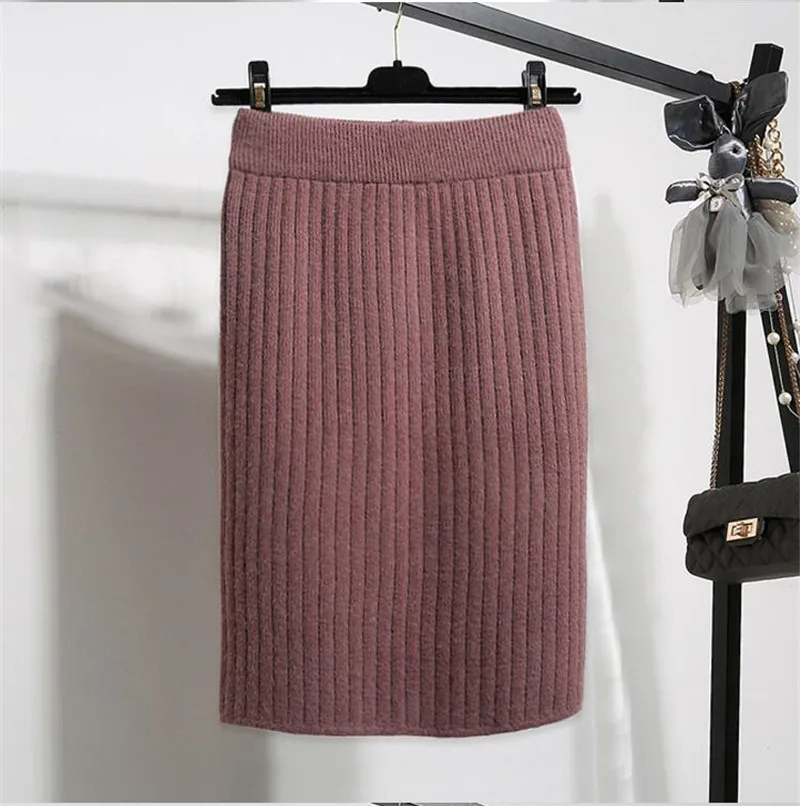 coffee stripe 63cm Модная осенне-зимняя трикотажная Женская юбка в Корейском стиле, высокая талия, тонкая эластичная прямая юбка, утолщенная Сексуальная посылка, юбки в бедрах 3122 - Цвет: coffee stripe 63cm