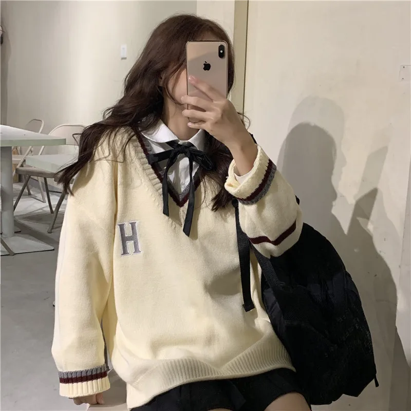 Шикарный японский винтажный свитер Harajuku в консервативном стиле, женский осенний корейский модный свободный простой Повседневный женский свитер с v-образным вырезом