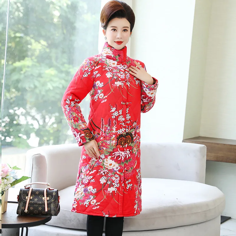 

389 # Photo Shoot 2019 Autumn And Winter Middle-aged Women Dress Cotton Linen Padded plus Velvet Cotton-padded Clothes Large Siz