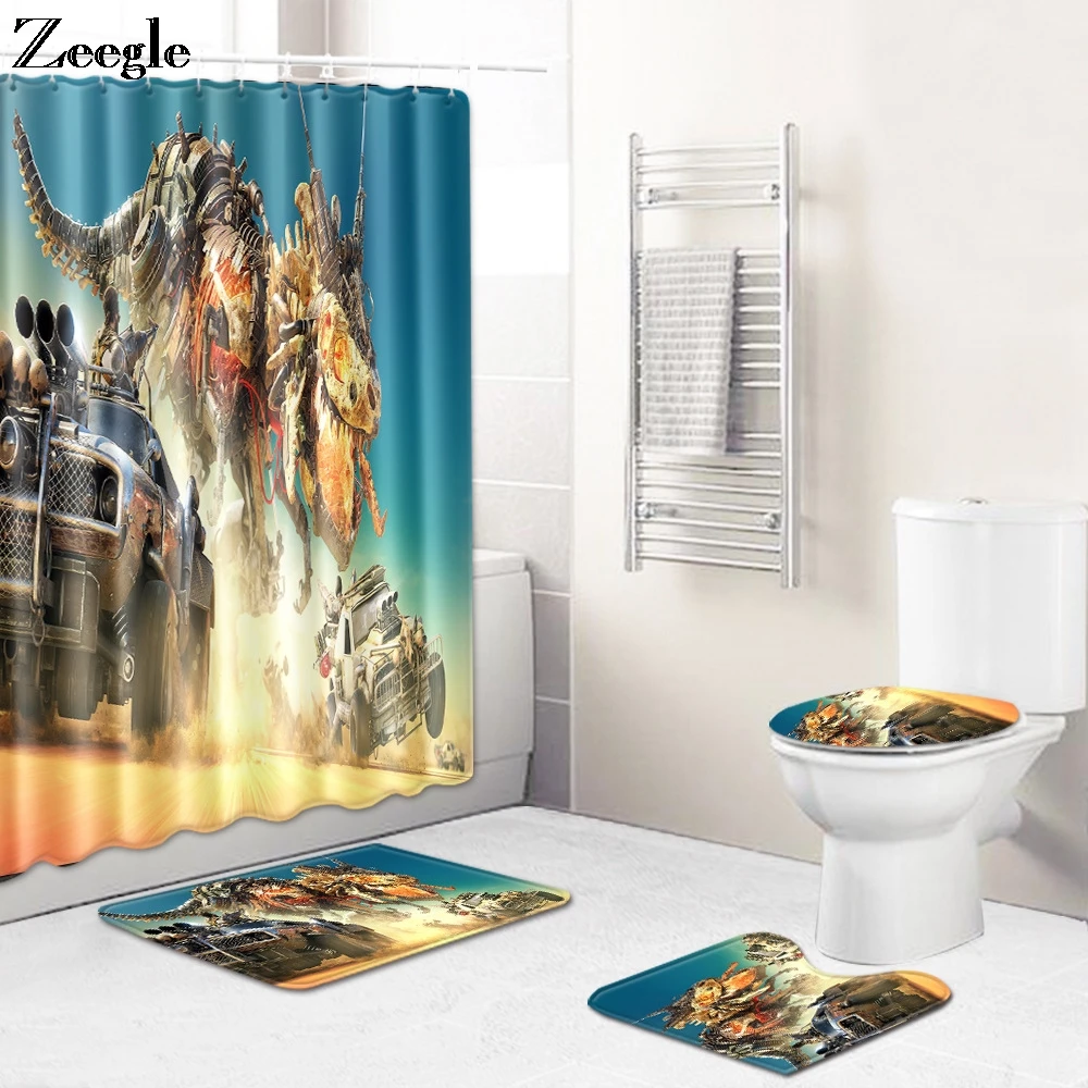 Zeegle 4pcs Bathroom Carpet Set Toilet Seat Cover Mat Anti Slip Toilet Pedestal Rug Shower Curtain Absorbent Foot Mat Toilet Set