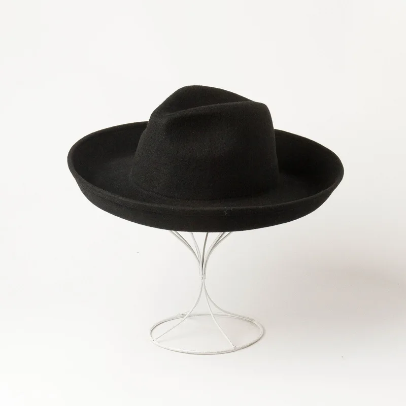 01908-HH8171 autumn winter wool Simplicity solid Curling fedoras cap men women leisure show style hat
