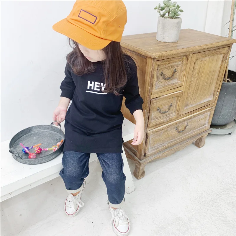 Korean Style Autumn Girls Pure Cotton Long T Shirts Kids Letters Printing Casual Tops Clothes
