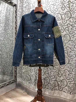 

2020 early autumn new women's lapel irregular color matching stitching decoration long-sleeved all-match denim short jacket 811