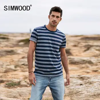 

SIMWOOD 2020 summer new striped T-shirt men plus size 100% cotton chest pocket fashion casual tops breathable t shirt SJ170172