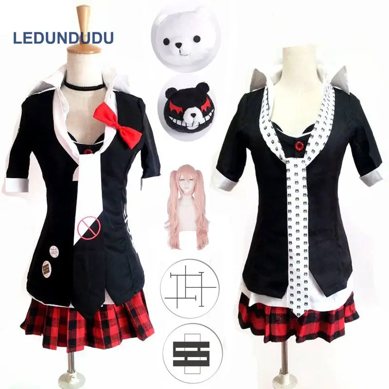 

Danganronpa Junko Enoshima Emboitement Inushio Kimuchi Dangan Ronpa Trigger Happy Havoc Cosplay Costume Badge Hairclip Wigs set