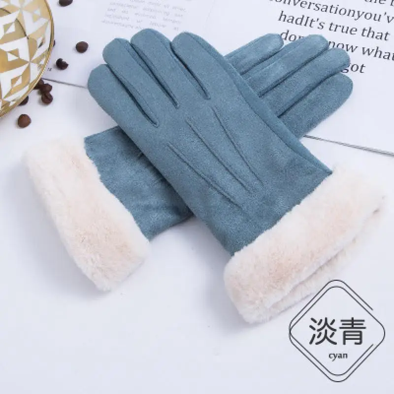 

New Winter Female Lace Warm Cashmere Three Ribs Cute Bear Mittens Double Thick Plush Wrist Women Touch Screen Driving Gloves