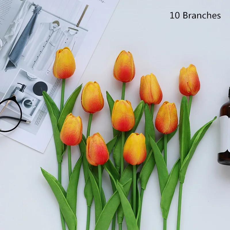 yumai 10 шт. / Компл. PU Real Touch Тюльпан Цветы Bundle Длинный Ствол Калла Искусственный Цветок Букет для Украшения Дома Свадебный Стол - Цвет: Sunset red