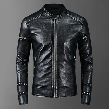 

Europe and the United States new men punk locomotive wind rivet stand collar leather jacket casual PU slim leather jacket male