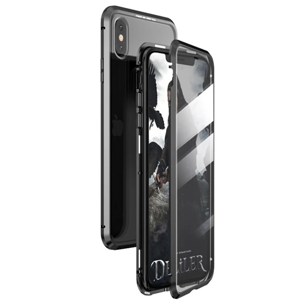 Black Магнитный металлический чехол из стекла для iPhone XS MAX XR X 7 8 Plus 11 двухсторонний Магнитный защитный чехол из закаленного стекла для samsung - Цвет: Black