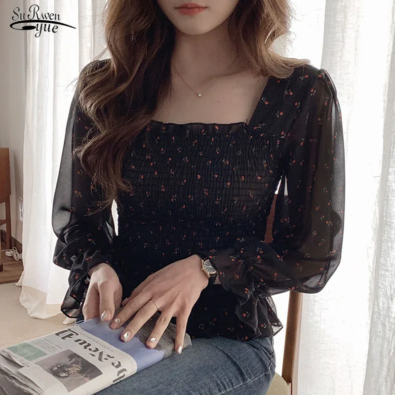 

2021 Spring Summer Sweet Women Tops Blouse Print Chiffon Blouse Chic Women Shirt Puff Sleeve Ruffle Elegant korean Clothes 10311