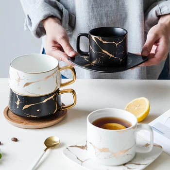 

Ceramic Coffee Cup With Saucer Creative Black Luxury Cup Cafe Bar Supplies ins Popular Personality Breakfast Cup Gold Border