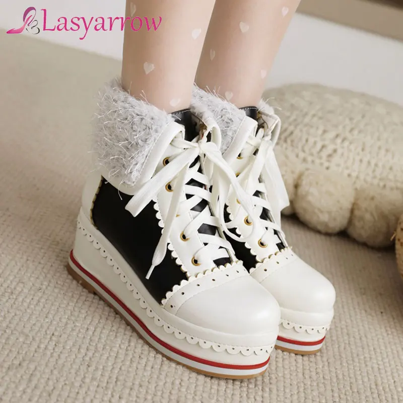 

Lasyarrow 2021 Women's Motorcycle Ankle Boots Wedge Heel Women Lace-up Platform Autumn Black Casual Shoes Women's Botas Mujer