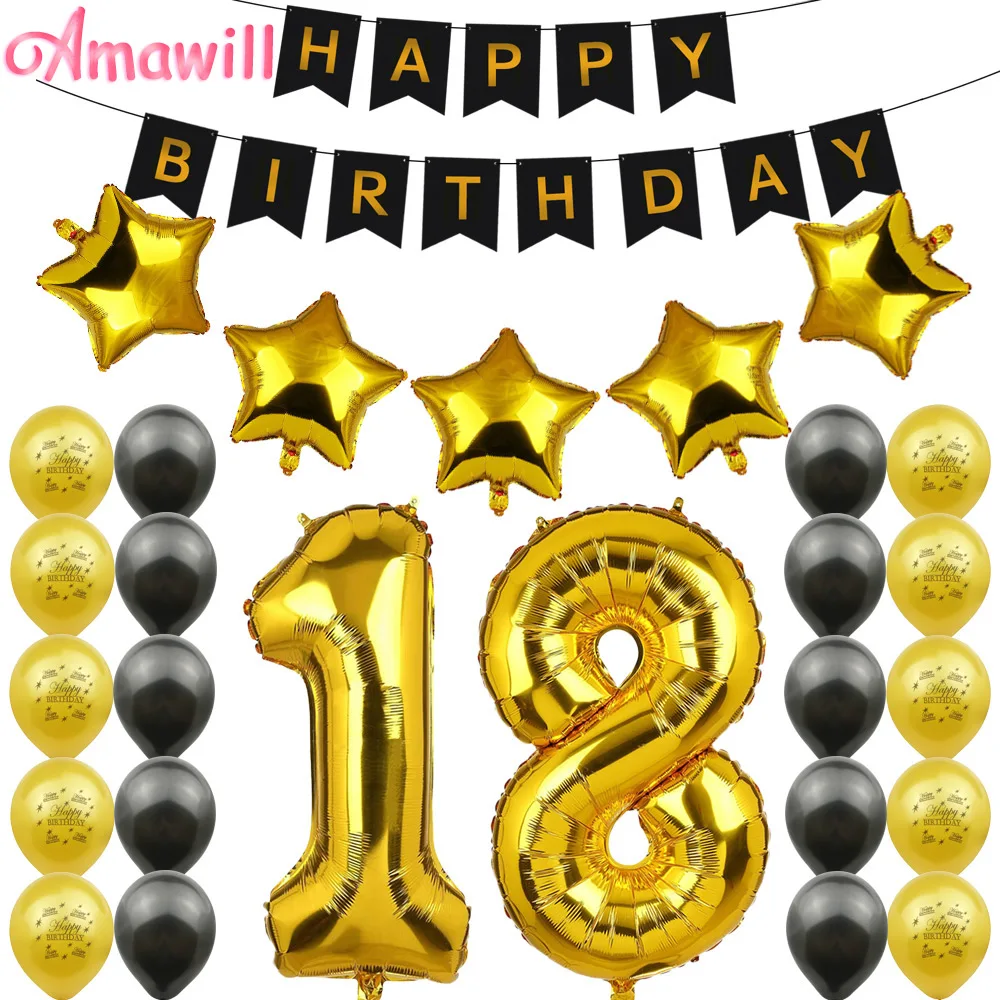Amawill 18 день рождения украшения комплект с днем рождения шар баннер номер 18 майларовые фольги черные золотые шары из латекса 75D