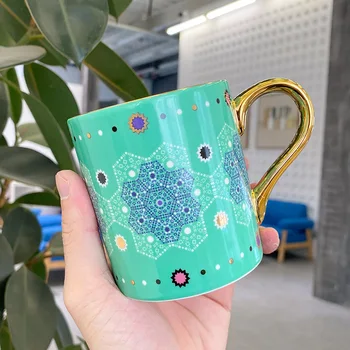 

Moroccan Style Geometric Hexagon Coffee Mug with Glod Handle Ceramic Water Tea Cup Wedding Gift 350ml
