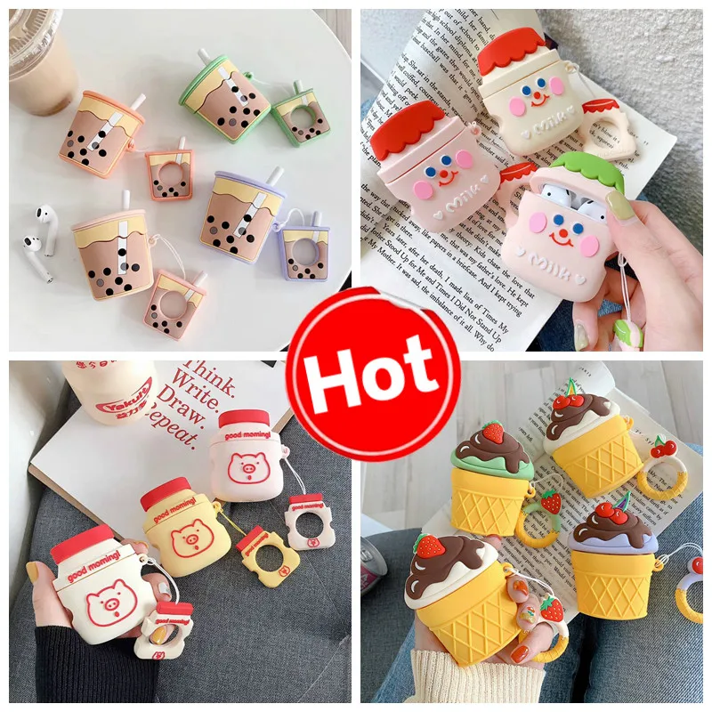 

For AirPods Case Boba Milk Tea Wireless Earphone Case For Airpods 2 Protect Cover Cute Drink Bottle with Finger Ring Strap