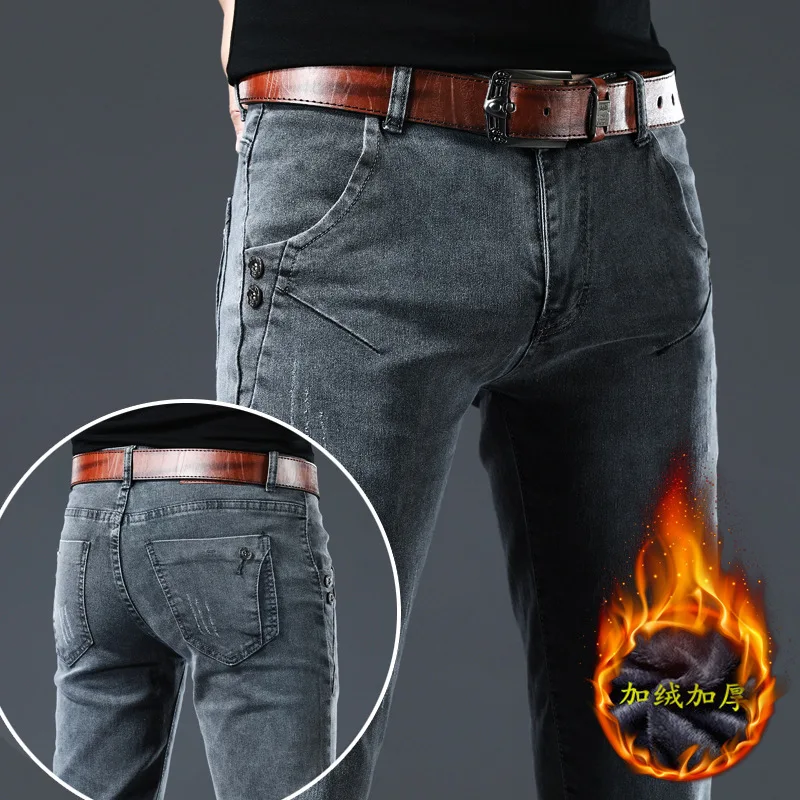 

Winter Thick Plus Velvet Men Middle waist Skinny Jeans Simple Fleece Warm Slim fit StretchCasual Denim Pencil Pants Men