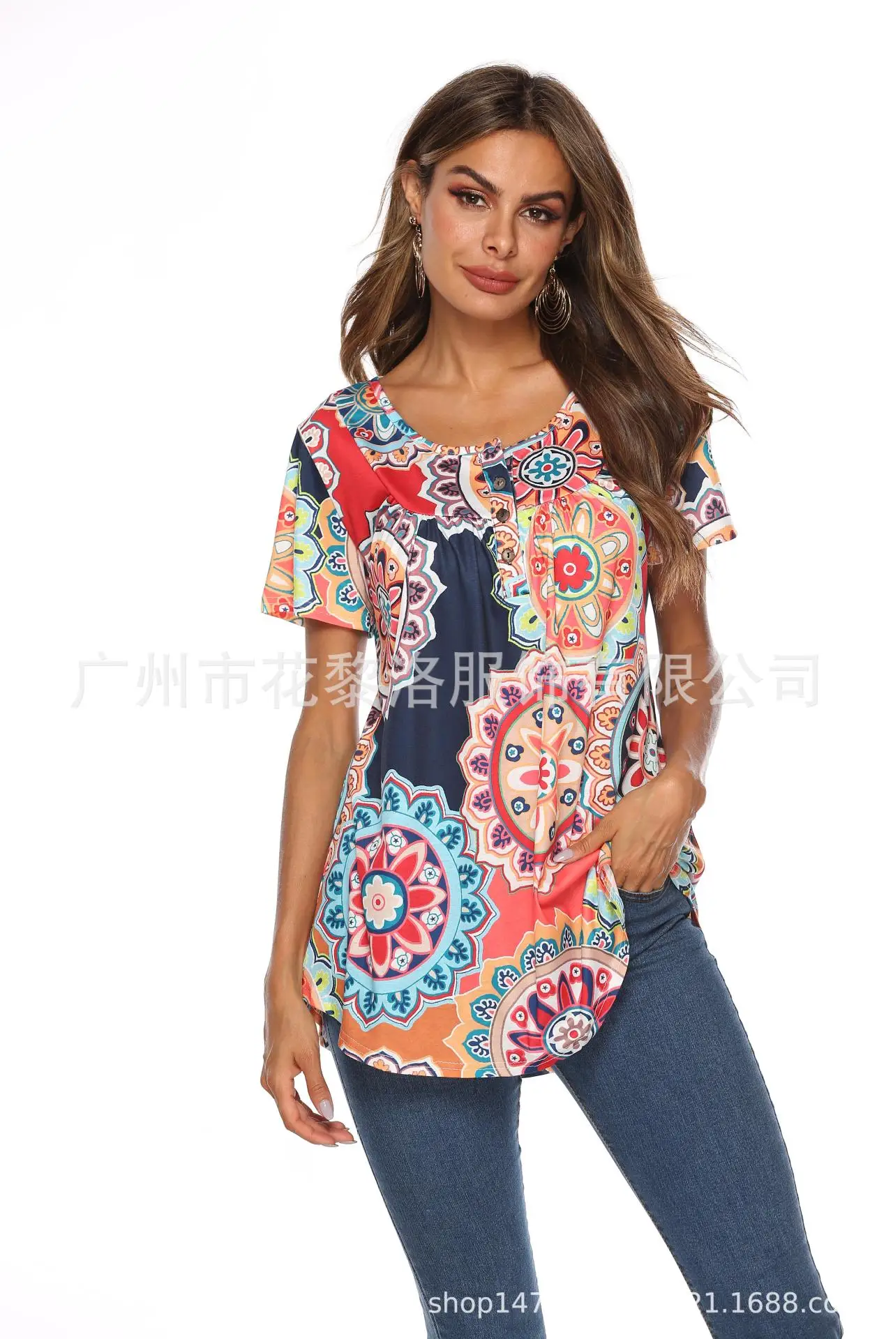 

Summer Printed Button 2020 Crew Neck Pleated Short Sleeve Top Casual t