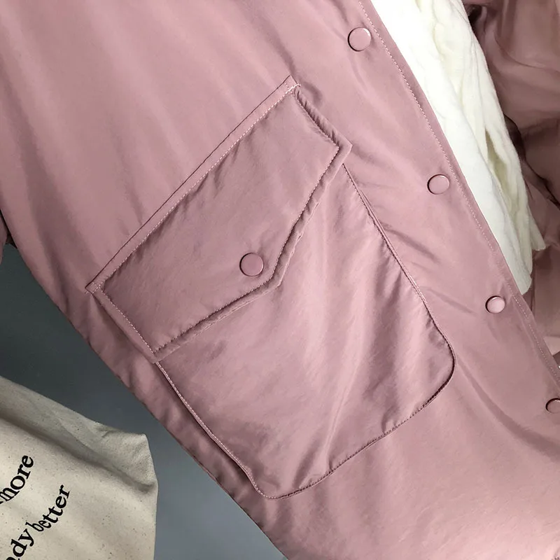 

2019 Winter New Style Korean-style WOMEN'S Wear Solid Color Fold-down Collar Lambs Wool Cotton Coat Mid-length Cotton-padded Clo