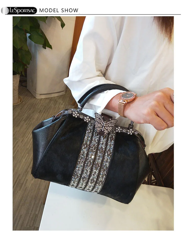 Модная женская меховая сумка из конского волоса, кожаная сумка-тоут с кисточками, стразы, металлическая рамка, Бостонская сумка, Сумочка на плечо с бриллиантами