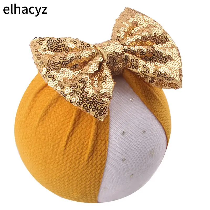 

1PC New Spring 5" Sequins Hair Bows Headband Waffle Fabric Soft Elastic Hair Bands DIY Girls Mujer Headwrap Hair Accessories