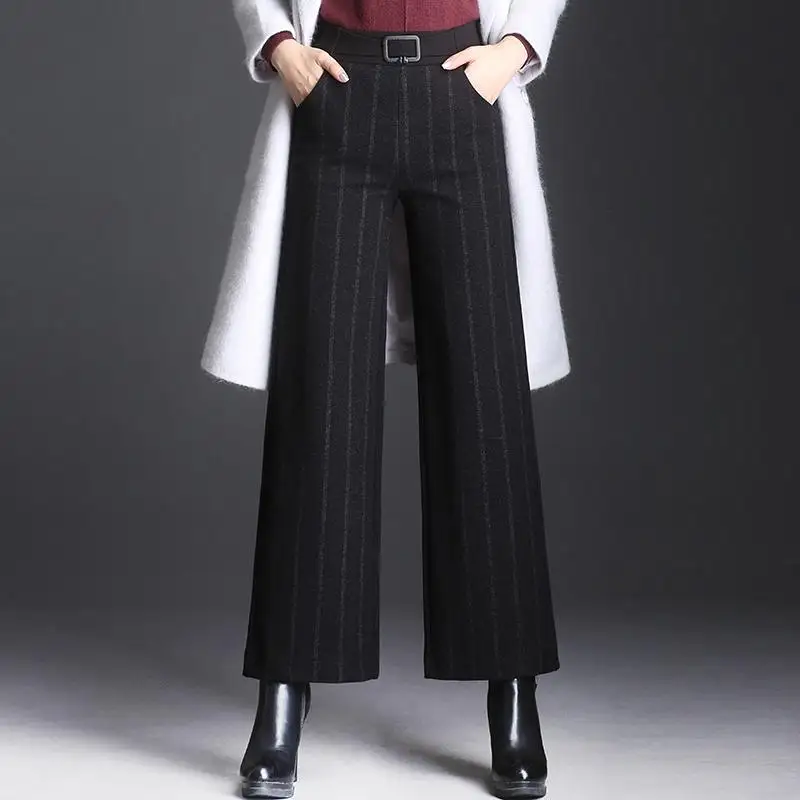 striped Новинка, женские осенние зимние модные шерстяные Широкие штаны в полоску, женские свободные повседневные брюки с высокой талией, широкие прямые брюки V84 - Цвет: striped