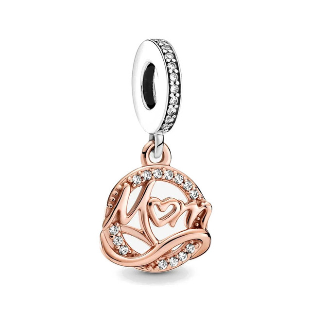 925 Sterling Silver Beads HEART & MUM Two-tone Family Tree  DANGLE Charm Fit Original Pandora Bracelet DIY Jewelry