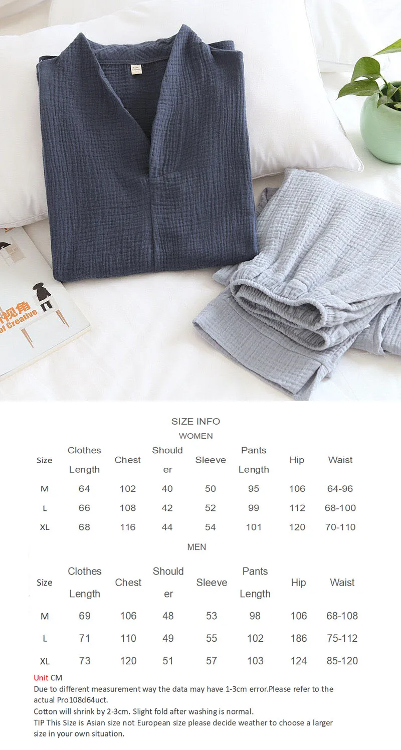 Autumn And Winter Men's Soft Solid Color Pajamas Set 100% Gauze Cotton Top+Pants 2PCS Sleepwear Loose Full Sleeve+Pants Homewear mens pj short set