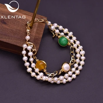 

XlentAg Three Layered Anime Natural Pearls Bracelets Anime Green Yellow Stones Angel Friendship Wedding Bohemian Jewrlry GB0219