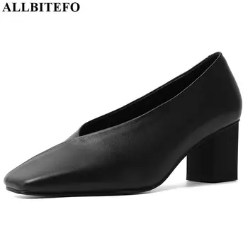 

ALLBITEFO hot sale genuine leather women heels simple style high heel shoes Pure color Square toe women's shoes spring autumn