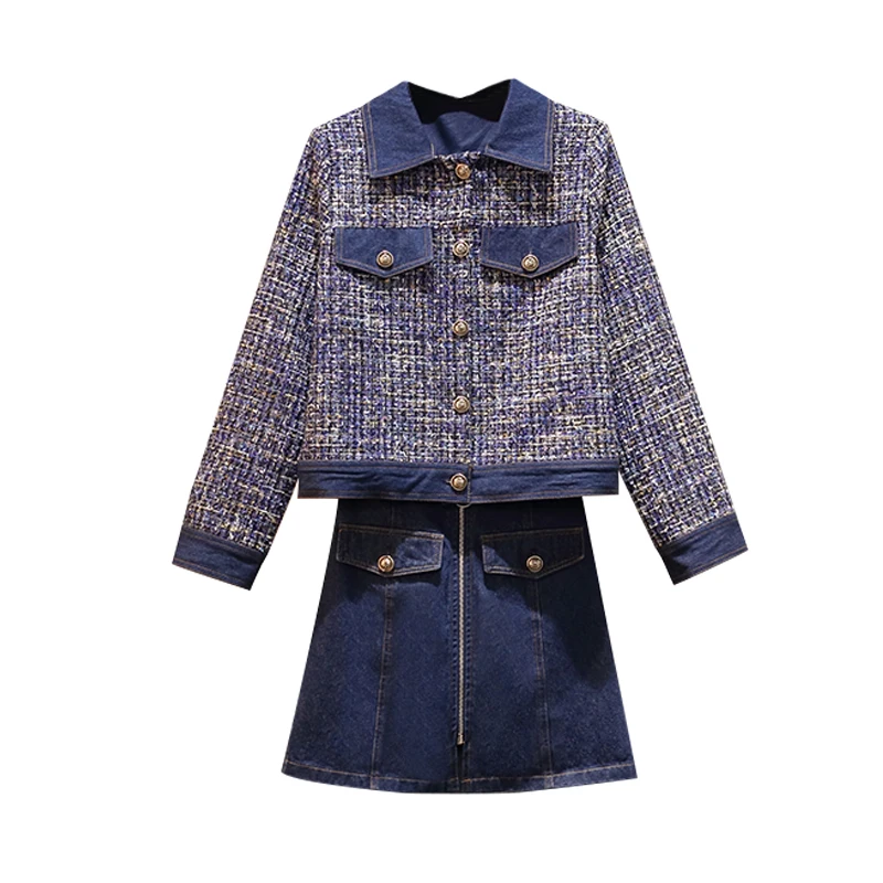 New arrival Tweed Set Suit Autumn Winter Women's Single Breasted Short Jacket Coat+ High Waist Demin Bodycon Mini Skirt Set