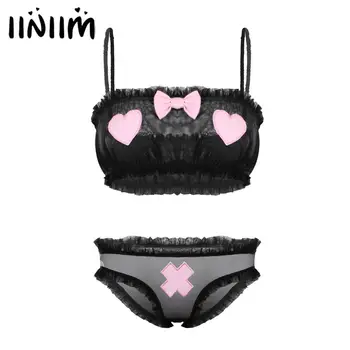 

Womens Lady Cute Girls Intimates Cosplay Clubwear See Through Mesh Lingerie Set Ruffled Camisole Crop Top with Briefs Underwear