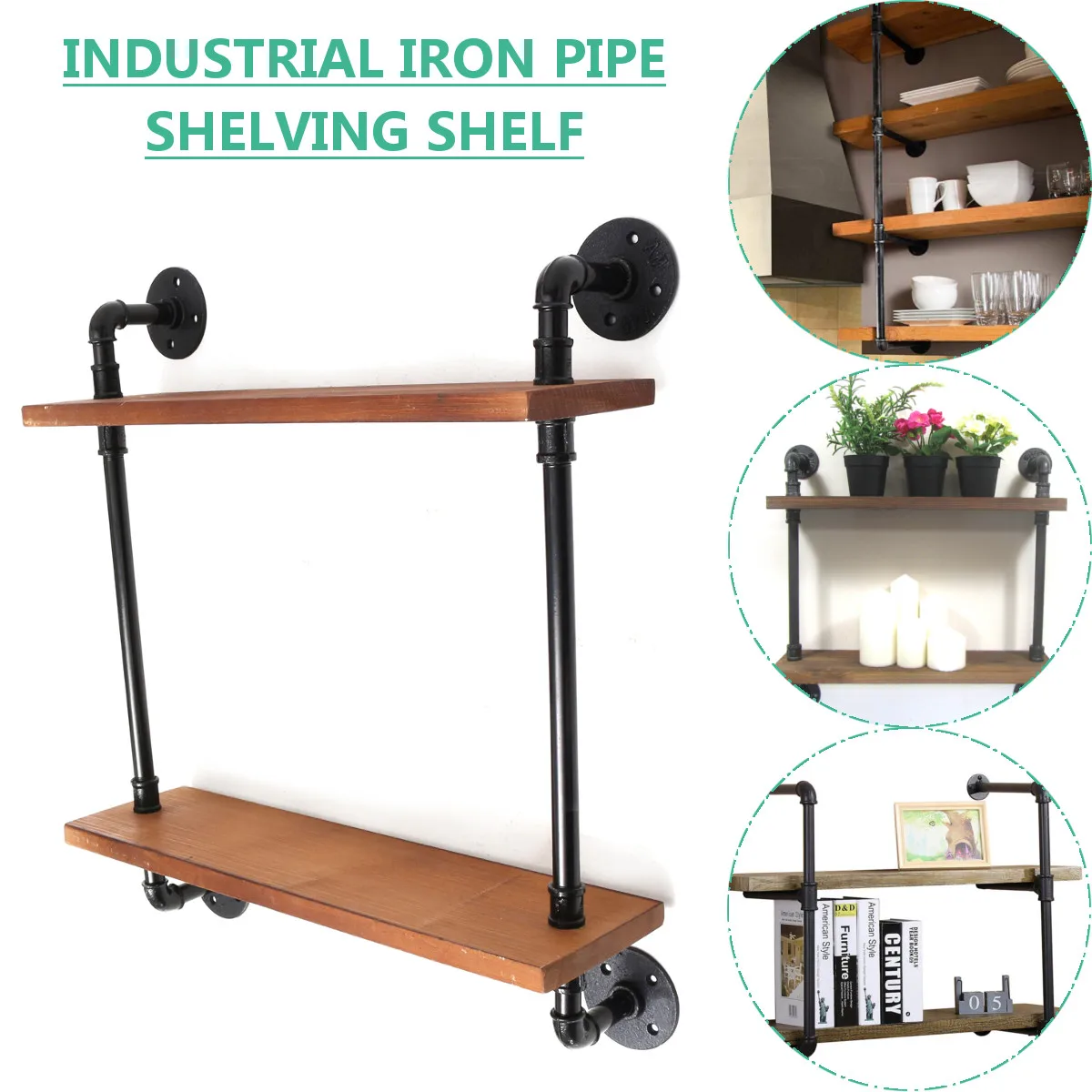 

Industrial Rustic Urban Iron Pipe Wall Mounted Shelf 2 Layers Wooden Board Shelving Home Restaurant Bar Shop Decor Storage
