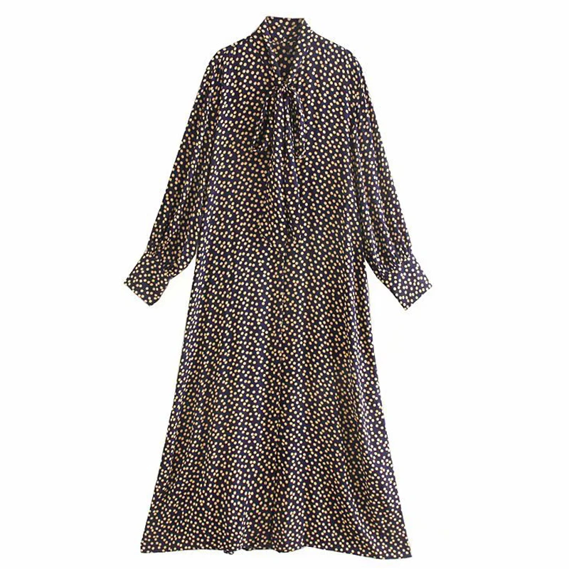 

Fandy Lokar Bow Collar Dresses Women Fashion Dot Printed Dress Women Elegant Long Sleeve Mid Calf Dresses Female Ladies IW