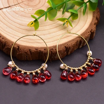 

GLSEEVO Natural Red Crystal Hoop Earrings For Women Girls Party Bohemia Gifts Fresh Water Pearl Jewelry Handmade Kolczyki GE0951